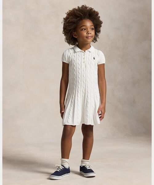 POLO RALPH LAUREN / ポロ ラルフ ローレン ミニ丈・ひざ丈ワンピース | (ガールズ 2才～6才)ケーブルニット コットン Polo セーター ドレス（100ホワイト）