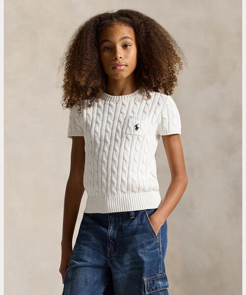 POLO RALPH LAUREN / ポロ ラルフ ローレン ニット・セーター | (ガールズ 7才～16才)ケーブルニット コットン ショートスリーブ セーター（100ホワイト）