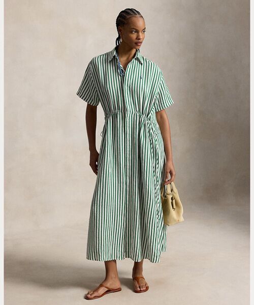 POLO RALPH LAUREN / ポロ ラルフ ローレン ロング・マキシ丈ワンピース | ストライプド リネンコットン ドローコード シャツドレス（100ホワイト）