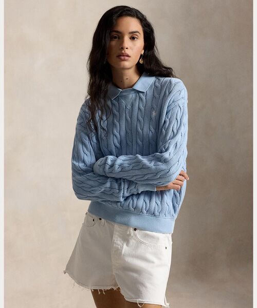 POLO RALPH LAUREN / ポロ ラルフ ローレン ニット・セーター | ケーブルニット コットン ポロカラー セーター（400ブルー）