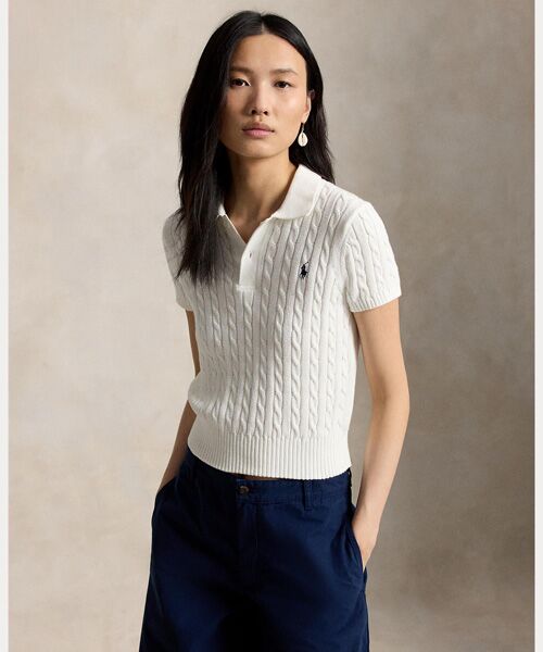 POLO RALPH LAUREN / ポロ ラルフ ローレン ポロシャツ | ケーブルニット コットン クロップド ポロシャツ（100ホワイト）