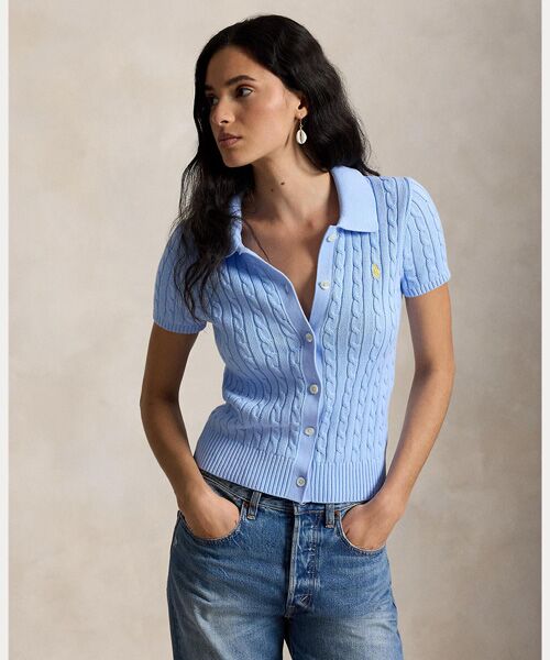 POLO RALPH LAUREN / ポロ ラルフ ローレン カーディガン・ボレロ | ケーブル コットン ショートスリーブ Polo カーディガン（400ブルー）