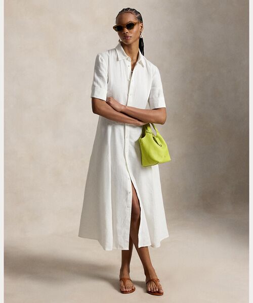 POLO RALPH LAUREN / ポロ ラルフ ローレン ロング・マキシ丈ワンピース | リネン パネルド シャツドレス（100ホワイト）