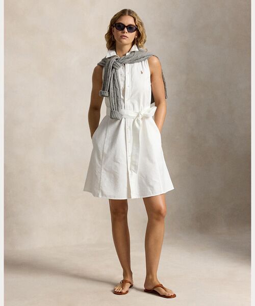 POLO RALPH LAUREN / ポロ ラルフ ローレン ミニ丈・ひざ丈ワンピース | コットン オックスフォード スリーブレス シャツドレス（100ホワイト）
