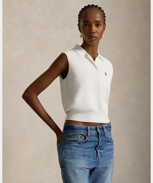 POLO RALPH LAUREN / ポロ ラルフ ローレン ニット・セーター | コットン クロップド スリーブレス ポロ セーター（100ホワイト）
