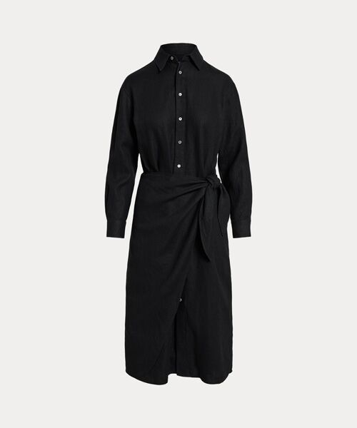 POLO RALPH LAUREN / ポロ ラルフ ローレン ロング・マキシ丈ワンピース | リネン フェイクラップ シャツドレス（001ブラック）