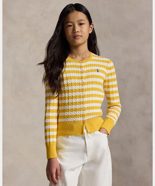 POLO RALPH LAUREN / ポロ ラルフ ローレン 未設定 | (ガールズ 7才～16才)ストライプド ミニケーブル コットン カーディガン（700イエロー）