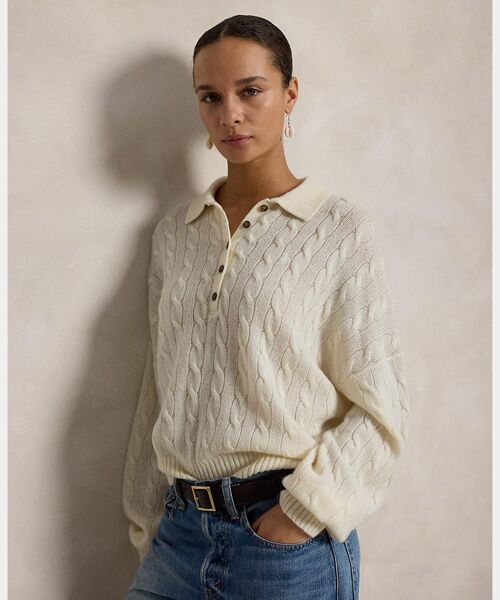 POLO RALPH LAUREN / ポロ ラルフ ローレン ニット・セーター | ケーブル ウールカシミヤ ポロカラー セーター（100ホワイト）