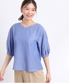 【夏SALE／洗える】ふんわりスリーブデニム風ブラウス