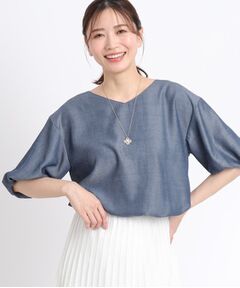 【夏SALE／洗える】ふんわりスリーブデニム風ブラウス