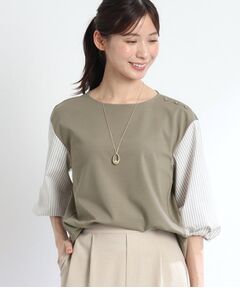 【夏SALE／人気商品の夏バージョン！UVカット／接触冷感／洗える】ストライプスリーブカットソー