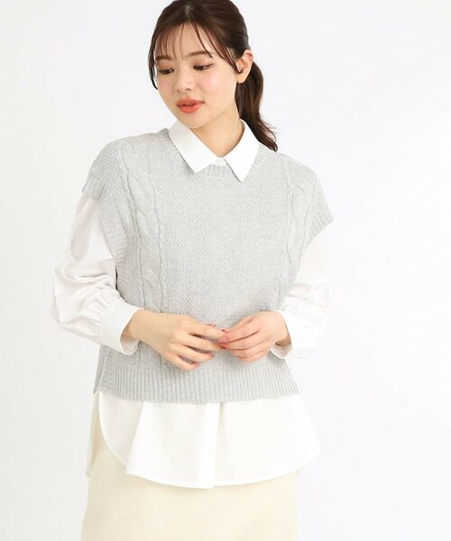 Reflect / リフレクト シャツ・ブラウス | 【夏SALE/E‐QUALITY/手洗い可】ケーブル編みニットベスト+シャツセット(ライトグレー(511))