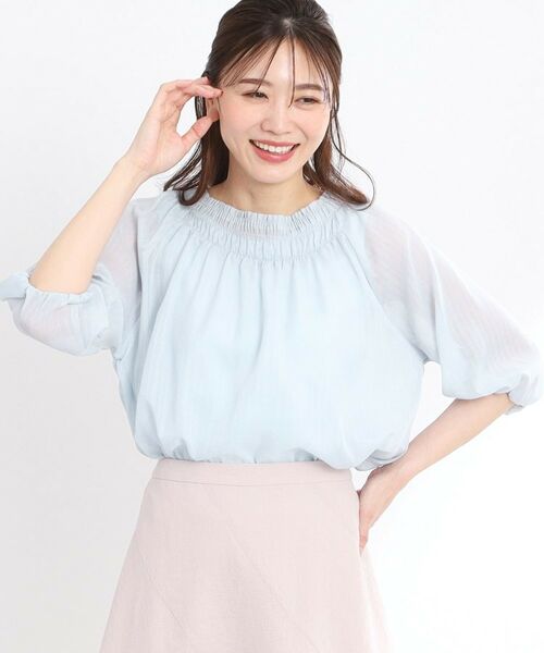 Reflect/リフレクト 【接触冷感/洗える】シャーリングデザインブラウス サックスブルー(390) 09(M) Reflect/リフレクト 【接触冷感/洗える】シャーリングデザインブラウス サックスブルー(390) 09(M)