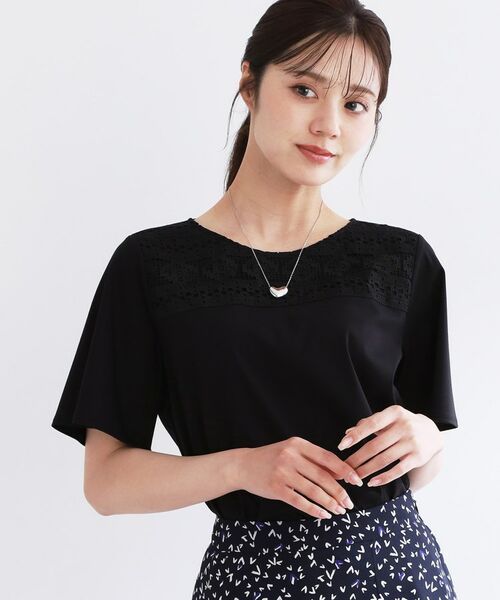 Reflect / リフレクト カットソー | 【手洗い可】レースデザインジャージTシャツ(ブラック(019))