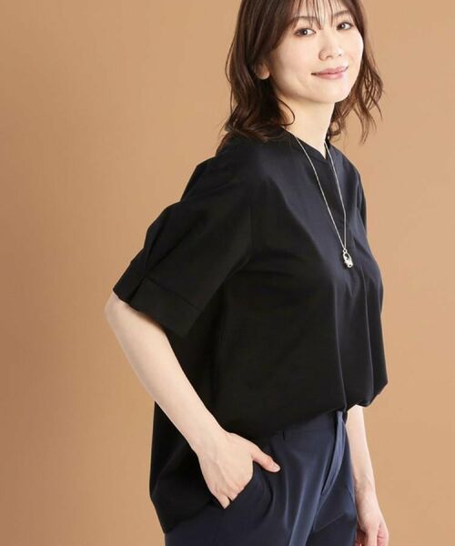 Reflect / リフレクト カットソー | 【すっきり見え!長め丈/マシンウォッシュ可】スキッパーネックジャージトップス(ブラック(019))