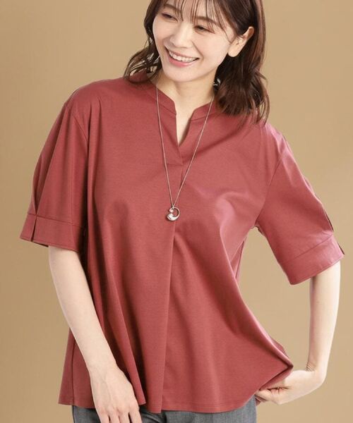 Reflect / リフレクト カットソー | 【すっきり見え!長め丈/マシンウォッシュ可】スキッパーネックジャージトップス(レッド(063))