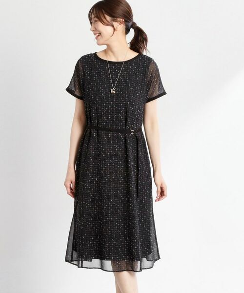 Reflect / リフレクト ミニ丈・ひざ丈ワンピース | 【WEB先行カラーあり/マシンウォッシュ可/ナローベルト付き】オフボディツイードチェックワンピース(ブラック(119))