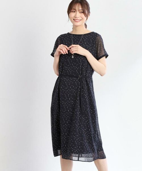 Reflect / リフレクト ミニ丈・ひざ丈ワンピース | 【WEB先行カラーあり/マシンウォッシュ可/ナローベルト付き】オフボディツイードチェックワンピース(ネイビー(194))