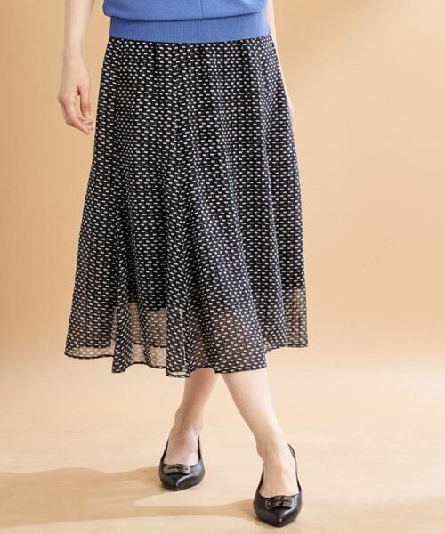 Reflect / リフレクト ロング・マキシ丈スカート | 【WEB先行カラーあり/マシンウォッシュ可/ウエスト総ゴム】コツキ幾何柄ロングスカート(ネイビー(194))