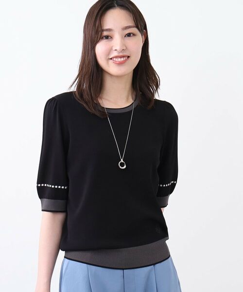 Reflect / リフレクト ニット・セーター | 【WEB先行カラーあり/手洗い可/アンサンブル可】バイカラー五分袖ニット(ブラック(519))