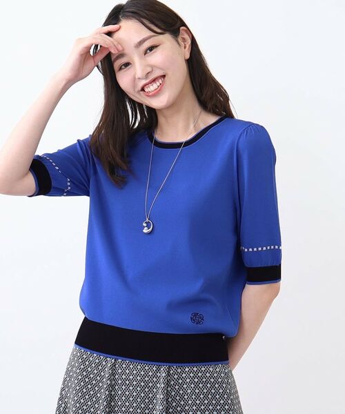 Reflect / リフレクト ニット・セーター | 【WEB先行カラーあり/手洗い可/アンサンブル可】バイカラー五分袖ニット(ブルー(593))