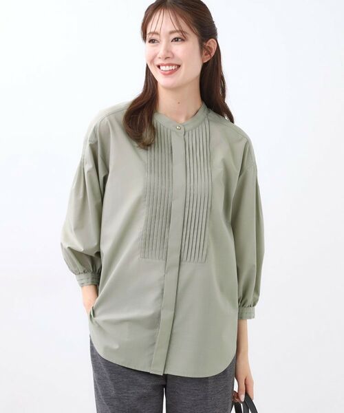 Reflect / リフレクト シャツ・ブラウス | 【程よいゆとり感/体型カバー】ピンタックデザインシャンブレーブラウス(オリーブグリーン(026))