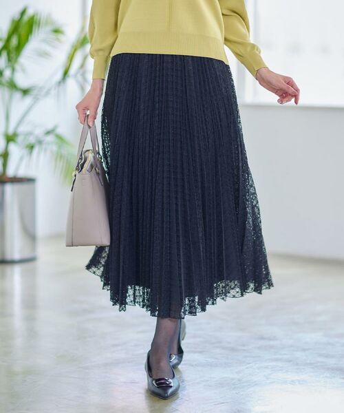Reflect / リフレクト ロング・マキシ丈スカート | 【イージーケア】サークルダイヤ柄レースプリーツスカート(ブラック(419))