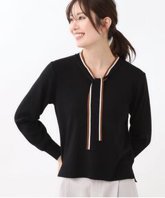 【秋映え／なめらかな着心地】バイカラーボウタイ付きニット