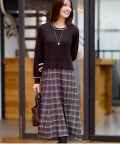 Reflect / リフレクト ロング・マキシ丈ワンピース | 【コートインでもすっきり◎】チェック柄ニットドッキングワンピース