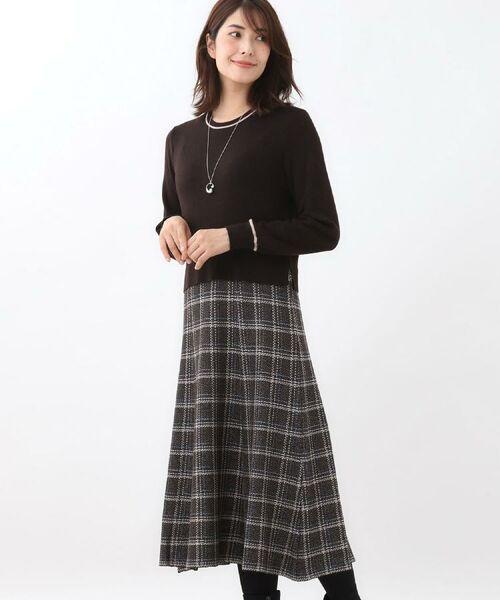 Reflect / リフレクト ロング・マキシ丈ワンピース | 【コートインでもすっきり◎】チェック柄ニットドッキングワンピース | 詳細12