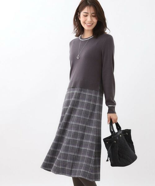 Reflect / リフレクト ロング・マキシ丈ワンピース | 【コートインでもすっきり◎】チェック柄ニットドッキングワンピース | 詳細3