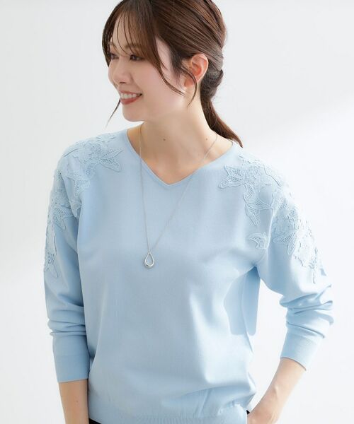 Reflect / リフレクト ニット・セーター | レースデザインスリーブニットプルオーバー（サックスブルー(090)）
