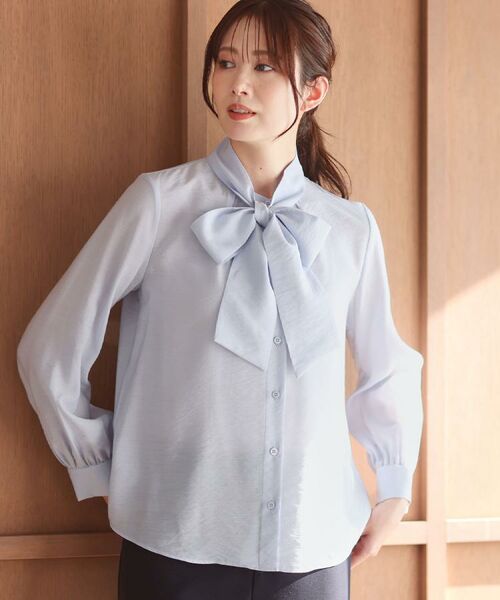 Reflect / リフレクト シャツ・ブラウス | 【ボウタイ取り外し可】ボウタイ付きバンドカラーブラウス（サックスブルー(090)）