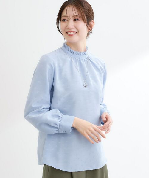 Reflect / リフレクト シャツ・ブラウス | フリルネックサテンジャカードブラウス（ブルー(491)）