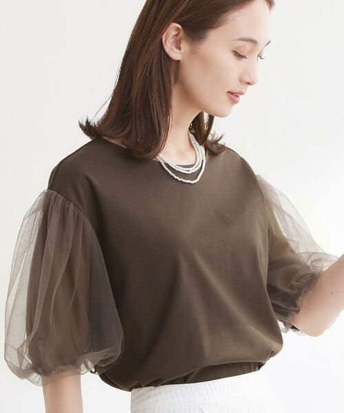 Reflect / リフレクト カットソー | チュールスリーブデザインプルオーバー（ブラウン(043)）