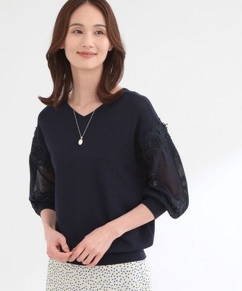 Reflect / リフレクト ニット・セーター | 【前後2WAY】レーススリーブデザインニットトップス（ネイビー(094)）
