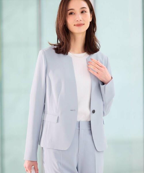 Reflect / リフレクト テーラードジャケット | 【UVカット／接触冷感／セットアップ可】ノーカラージャケット（サックスブルー(090)）