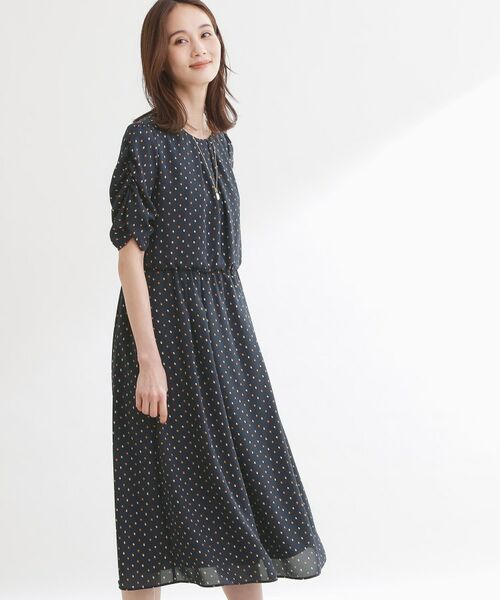 Reflect / リフレクト ミニ丈・ひざ丈ワンピース | 小紋柄ジョーゼットワンピース(ネイビー(194))