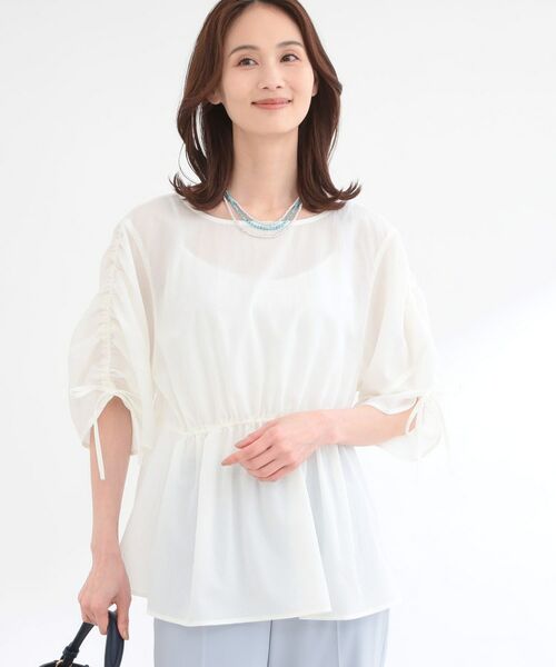 Reflect / リフレクト シャツ・ブラウス | 【通気性あり／涼しい／マシンウォッシャブル】ウエストギャザーブラウス（ホワイト(001)）