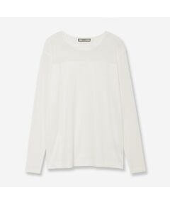 <b>【R-ISM定番人気アイテム】【洗える】<br>Tシャツ感覚でコーディネートに取り入れたい、<br>旬なシアー素材のデザインカットソー<br></b><br>■Design■<br>新色のブラウン登場！昨年から大人気のレイヤードトップスです。<br>シンプルながら女性らしいアクセントをプラスしてくれる、シアースリーブが魅力のベーシックアイテム。袖とデコルテ部分をシアー素材で切り替えて、ヘルシーな透け感がシーズンムードを盛り上げます。<br>程よくゆったりしたシルエットは、一枚着でもインナー使いにも着まわしやすく、デイリーユースに大活躍間違いなし。こなれた大人のカジュアルスタイルを演出します。<br><br>■Color：オフホワイト、ブラウン、ブラック<br><br>■Fabric■<br>カットソー：60/2ギザリヨセル天竺素材。油脂分を多く含み、独特の滑らかな質感を持ったギザを使用。しなやかでソフトな風合いや、上品な光沢感が特長です。　　　　　　　　　　　　　　　　　　　　　　　　　　　　　　　　　　　　　　　チュール：50ｄナイロンを使用し、他の素材に比べ肌離れの良いサラッとした風合い、繊細な表情、高いストレッチ性を実現したこだわりのある素材です。<br><br>■Styling■<br>一枚でカジュアルスタイルはもちろん、トレンドのジレ合わせや、ワントーン・モノトーンコーデのアクセント使いにもぴったりです。<br>レイヤードアイテムとしても使えるのでシャツやジャケット、ニットにINして袖口のシアー素材をチラ見せする着こなしもおすすめです。<br><br>■商品特性■<br>素材の厚さ：薄手<br>素材の透け感：あり<br>素材の光沢：なし<br>素材の収縮性：カットソー部分のみあり<br><br>※モデル身長：172cm<br><br><br>■コンセプト■<br>【R-ISM リズム】<br>自然体で生きることが美しいというホリスティックビューティーの考え方を元に、忙しい日々のなかで大切なことのバランスを考える大人の女性のためのブランド。心やすらぐ空間に馴染む洋服を提案。<br><br>※撮影環境により光の当たり具合で色味が違って見える場合があります。 <br>※商品画像はサンプルのため、色味やサイズ、プリントの位置、仕様などに変更がある場合があります。 <br>※取扱いの注意については取扱い表示をご確認の上、着用をお願いします。<BR>