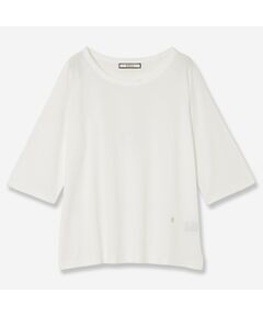 <b>【洗える】【接触冷感】<br>レイヤードから一枚着まで大活躍！<br>スタイリングのバリエーションが広がるシアートップス<br></b><br>■Design■<br>シンプルなデザインとベーシックカラーで着回し力抜群、夏のカットソー。<br>袖ぐりの切り替えが斜めになっているラグランスリーブです。<br>丸みのある肩のラインが出ることで、リラックス感のある印象に。<br>袖丈をやや長めに設定した事で、一枚着としてはもちろんのこと、インナー使いにも存在感を発揮する一品に仕上げました。<br>どんな時も頼りになる、色違いで揃えたくなるアイテムです。<br><br>・体のラインに自然に沿うようなサイズ感<br>・”R”アルファベットロゴ刺繍あり<br>・やや光沢のあるきれいめな素材なのでエレガントなルックスにも相性◎<br>・カラーバリエーション多めにしているのでお好きなカラーをチョイスして<br><br>■Color：オフホワイト、ブラック、ブルー、カーキ<br><br>■Fabric■<br>サラッと涼しげな風合いの天竺を編み上げました。<br>肌に馴染むコットンを強撚にすることで肌離れが良く、暑い季節でもサラッと涼しく快適に過ごせる素材に仕上げています。<br><br>■Styling■<br>シンプルなデザインなのでレイヤードアイテムとしても活躍します。<br>サイドにスリットが入っており、イン、アウトどちらのスタイルもきまる丈感。<br>あえてきれいめなスカートやキャミワンピースと合わせた、フェミニンな着こなしもおすすめです。<br><br>■商品特性■<br>素材の厚さ：薄手<br>素材の透け感：あり<br>素材の光沢：ややあり<br>素材の収縮性：あり<br><br><br>■コンセプト■<br>【R-ISM リズム】<br>自然体で生きることが美しいというホリスティックビューティーの考え方を元に、忙しい日々のなかで大切なことのバランスを考える大人の女性のためのブランド。心やすらぐ空間に馴染む洋服を提案。<br><br>※撮影環境により光の当たり具合で色味が違って見える場合があります。 <br>※商品画像はサンプルのため、色味やサイズ、プリントの位置、仕様などに変更がある場合があります。 <br>※取扱いの注意については取扱い表示をご確認の上、着用をお願いします。<BR>