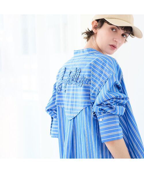 R-ISM / リズム ミニ丈・ひざ丈ワンピース | 【ロゴ刺繍・洗える】ストライプブロードシャツワンピース（ブルー）