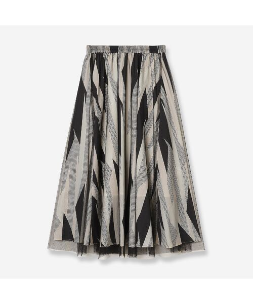 R-ISM / リズム ミニ・ひざ丈スカート | 【洗える・S/M/Lサイズ】ジオメトリックプリント×チュールスカート（ブラック）