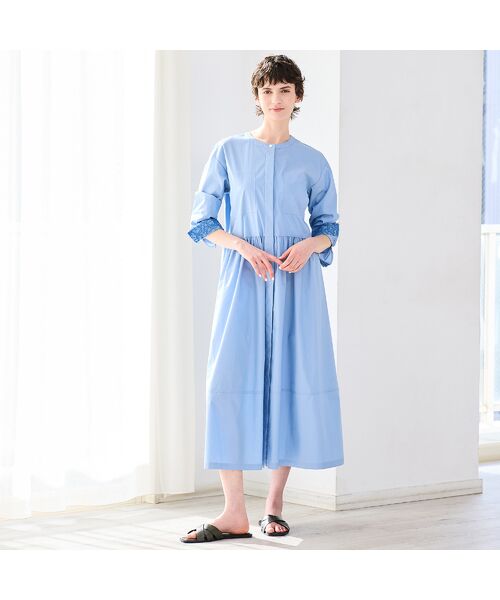 R-ISM / リズム ミニ丈・ひざ丈ワンピース | 【洗える・レース袖】タイプライターシャツワンピース（ブルー）
