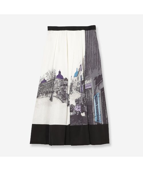 R-ISM / リズム ミニ・ひざ丈スカート | 【セットアップ対応・洗える・S/M/Lサイズ】ランドスケーププリントスカート（ブラック）