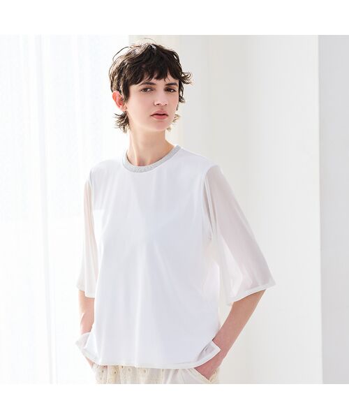 R-ISM / リズム カットソー | 【洗える・ラメ襟・S/M/Lサイズ】チュールコンビカットソー（オフ）