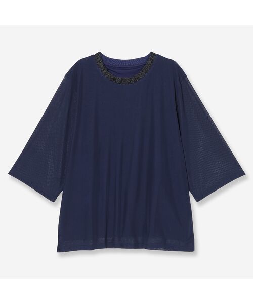 R-ISM / リズム カットソー | 【洗える・ラメ襟・S/M/Lサイズ】チュールコンビカットソー（ダークブルー）
