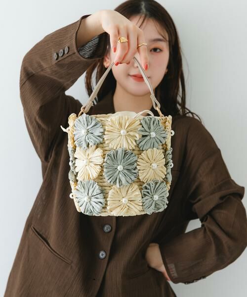 RODE SKO / ロデスコ ショルダーバッグ | フラワーモチーフ雑材バケツバッグ（ミント）