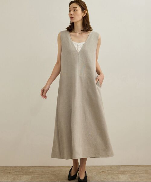 ROPE'/ロペ 尾州リネンディープVネックフレアドレス ベージュ(27) 36 ROPE'/ロペ 尾州リネンディープVネックフレアドレス ベージュ(27) 36