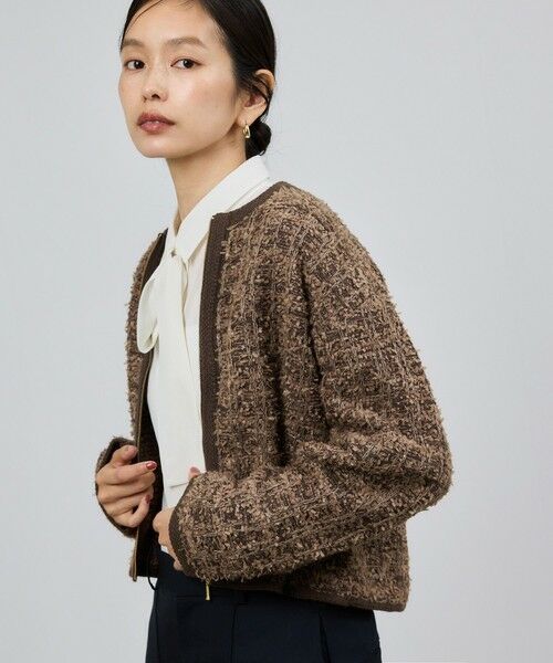 ROPE'/ロペ ツイードZIPノーカラーカーディガン/イージーケア ブラウン系(22) F ROPE'/ロペ ツイードZIPノーカラーカーディガン/イージーケア ブラウン系(22) F